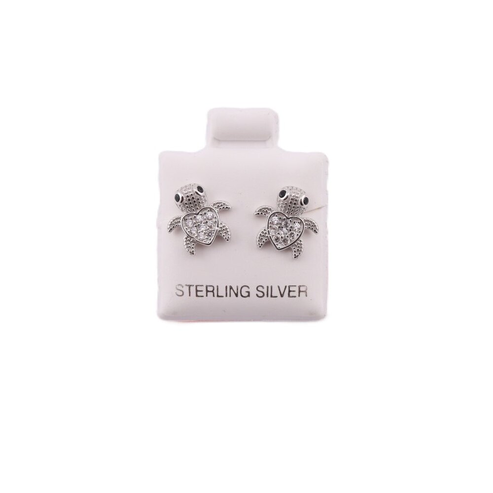 Cute Women's Sterling Silver Turtle Heart Stud Earrings with Push Back Closure**